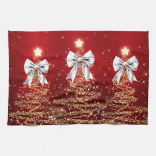 Christmas Sparkling Trees Red Gold Silver Bow Tea Towel