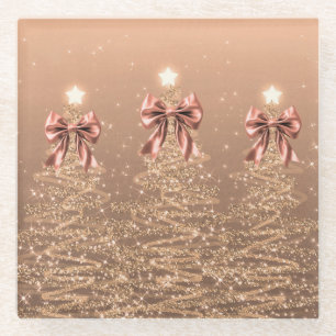 Christmas Sparkling Trees Rose Gold Faux Bow  Glass Coaster