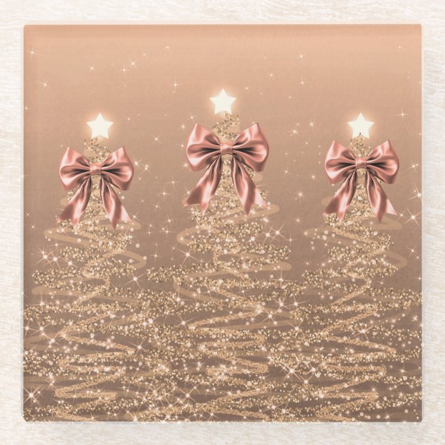 Christmas Sparkling Trees Rose Gold Faux Bow  Glass Coaster (Front)