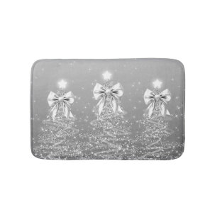 Christmas Sparkling Trees Silver Faux Bow Bath Mat