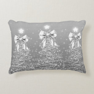 Christmas Sparkling Trees Silver Faux Bow Decorative Cushion