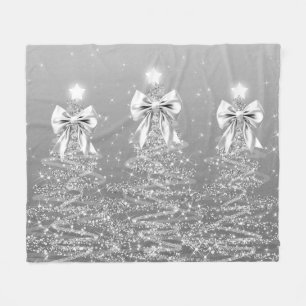 Christmas Sparkling Trees Silver Faux Bow Fleece Blanket