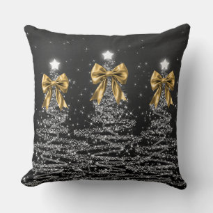 Christmas Sparkling Trees Silver Faux Gold Bow Cushion