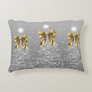 Christmas Sparkling Trees Silver Faux Gold Bow Decorative Cushion