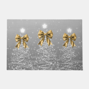 Christmas Sparkling Trees Silver Faux Gold Bow Doormat