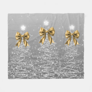 Christmas Sparkling Trees Silver Faux Gold Bow Fleece Blanket