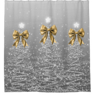 Christmas Sparkling Trees Silver Faux Gold Bow Shower Curtain