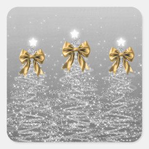 Christmas Sparkling Trees Silver Faux Gold Bow  Square Sticker