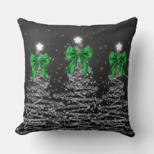 Christmas Sparkling Trees Silver Faux Green Bow Cushion