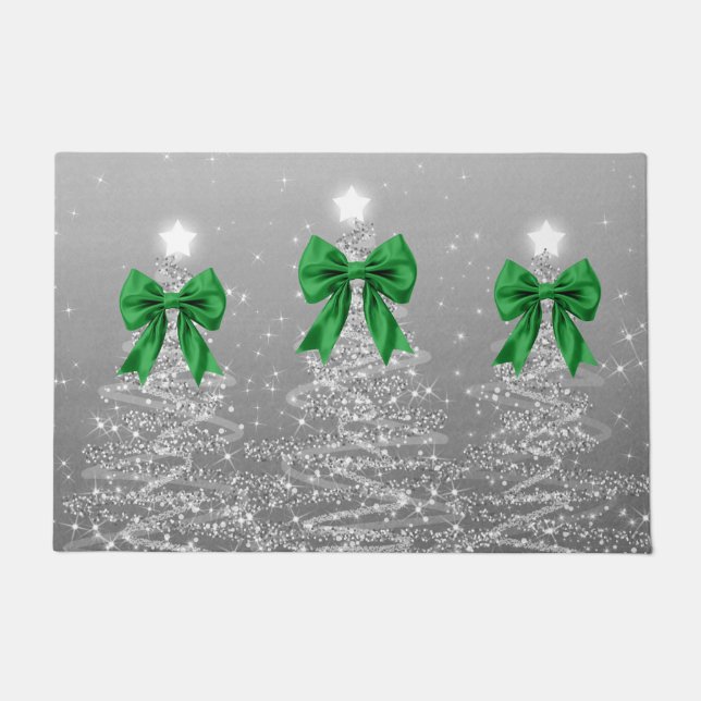 Christmas Sparkling Trees Silver Faux Green Bow  Doormat (Front)