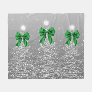 Christmas Sparkling Trees Silver Faux Green Bow Fleece Blanket