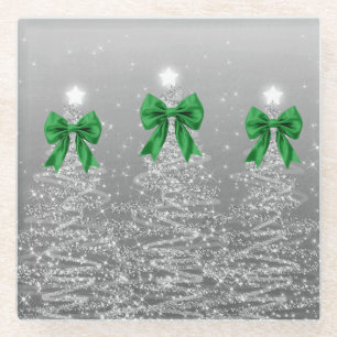Christmas Sparkling Trees Silver Faux Green Bow Glass Coaster