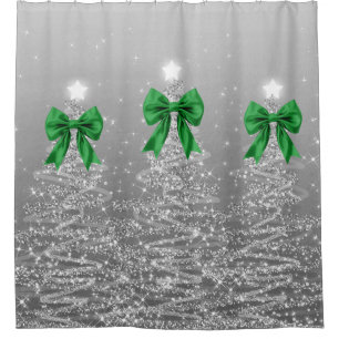 Christmas Sparkling Trees Silver Faux Green Bow Shower Curtain