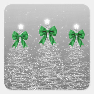 Christmas Sparkling Trees Silver Faux Green Bow  Square Sticker