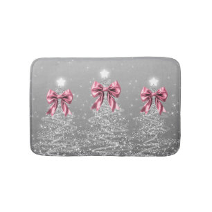 Christmas Sparkling Trees Silver Faux Pink Bow Bath Mat