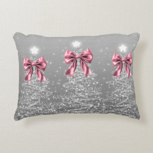 Christmas Sparkling Trees Silver Faux Pink Bow Decorative Cushion