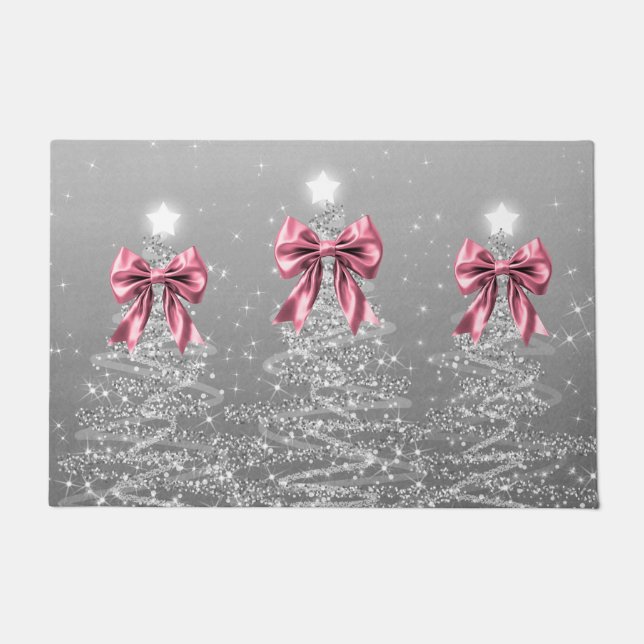 Christmas Sparkling Trees Silver Faux Pink Bow  Doormat (Front)