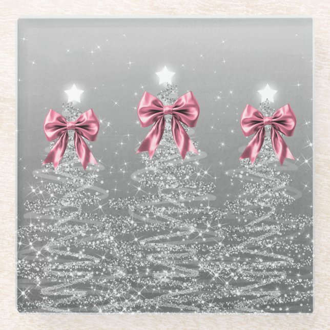 Christmas Sparkling Trees Silver Faux Pink Bow  Glass Coaster (Front)