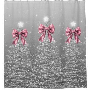 Christmas Sparkling Trees Silver Faux Pink Bow Shower Curtain