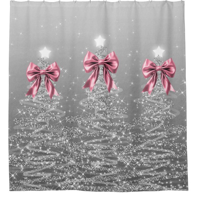 Christmas Sparkling Trees Silver Faux Pink Bow  Shower Curtain (Front)