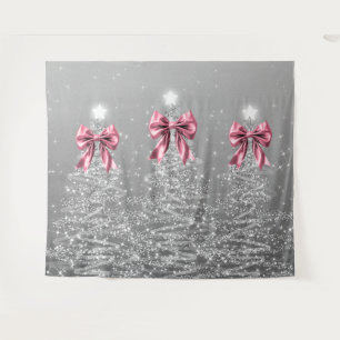 Christmas Sparkling Trees Silver Faux Pink Bow  Tapestry