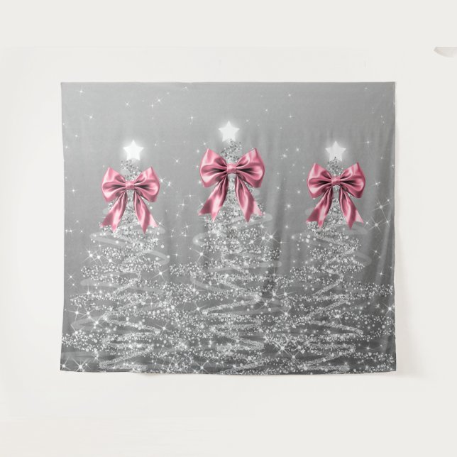 Christmas Sparkling Trees Silver Faux Pink Bow  Tapestry (Front (Horizontal))