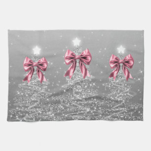 Christmas Sparkling Trees Silver Faux Pink Bow  Tea Towel