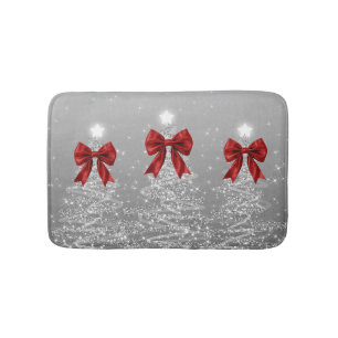 Christmas Sparkling Trees Silver Faux Red Bow Bath Mat