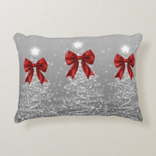 Christmas Sparkling Trees Silver Faux Red Bow  Decorative Cushion