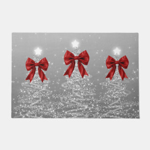Christmas Sparkling Trees Silver Faux Red Bow  Doormat
