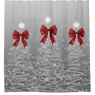 Christmas Sparkling Trees Silver Faux Red Bow  Shower Curtain