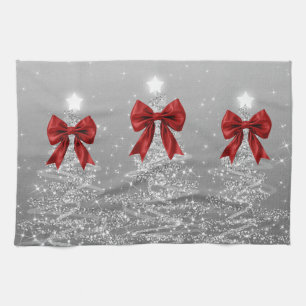 Christmas Sparkling Trees Silver Faux Red Bow Tea Towel
