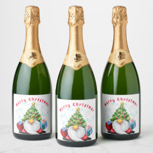 Christmas Sparkling Wine Label Gnome with Gifts
