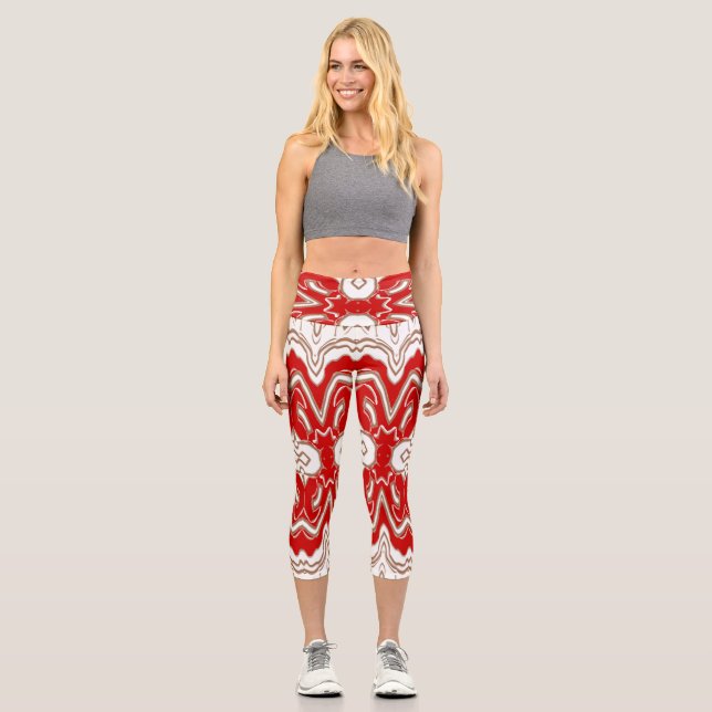 Christmas Special red & white fabric pattern Capri Leggings (Front)