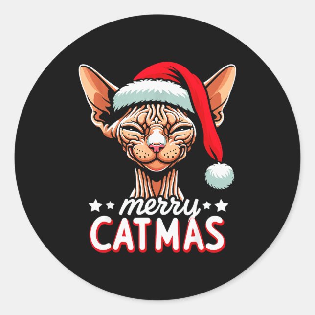 Christmas Sphynx Cat Merry Catmas Santa Hat Xmas  Classic Round Sticker (Front)