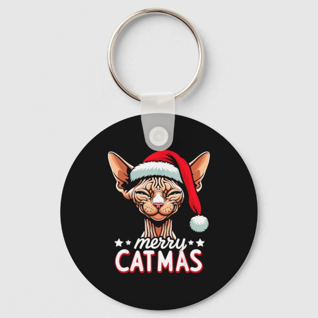Christmas Sphynx Cat Merry Catmas Santa Hat Xmas  Key Ring (Front)