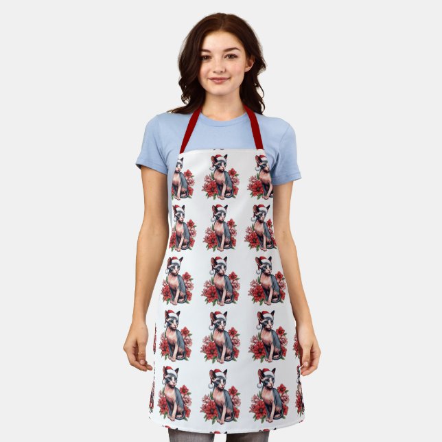 Christmas Sphynx Cat Santa Apron (Worn)