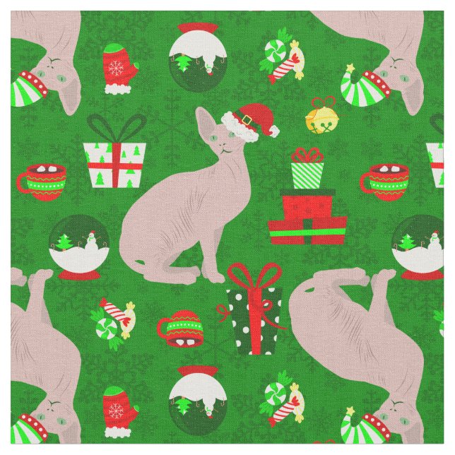 christmas sphynx cat santa sphinx  fabric (Close Up)