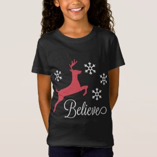 Christmas Spirit Believe Flying Reindeer Snowflake T-Shirt