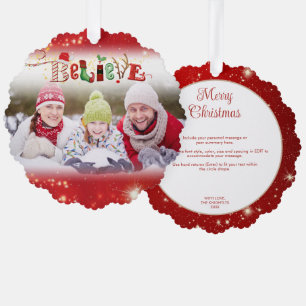 Christmas Spirit BELIEVE Photo Year Highlights Red Tree Decoration Card
