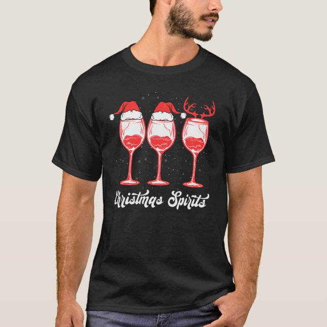 Christmas Spirits Glasses Of Wine Holiday T-Shirt (Front)