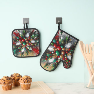 Christmas Splatter / White Bursts Oven Mitt & Pot Holder Set