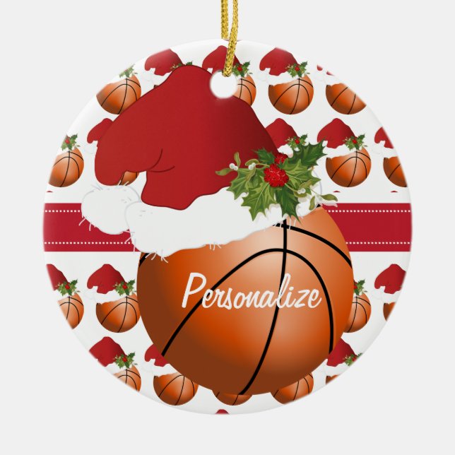Christmas Sport Basketball Santa Hat Ceramic Tree Decoration (Front)