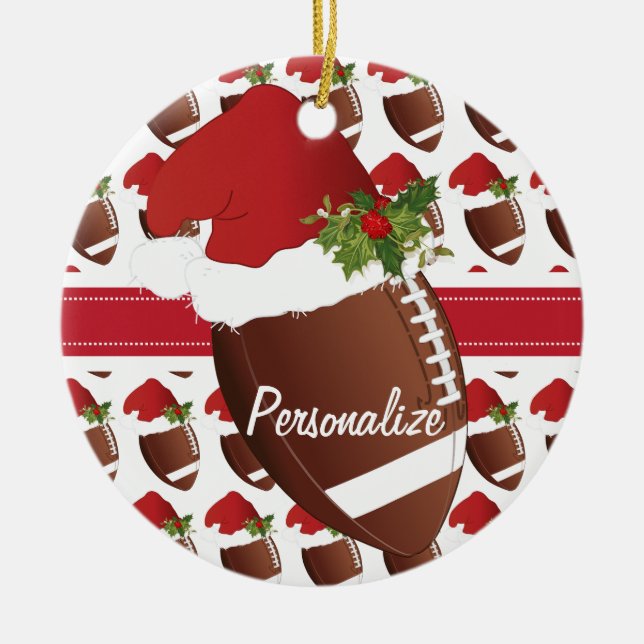 Christmas Sport Football Santa Hat Ceramic Tree Decoration (Front)