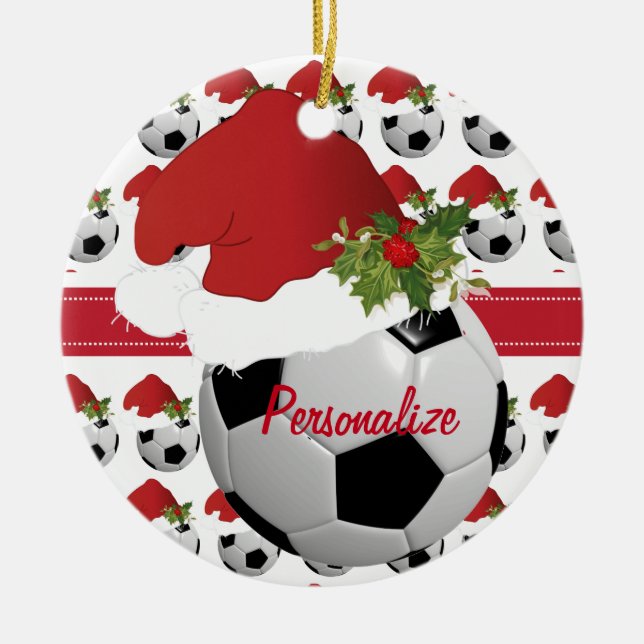 Christmas Sport Soccer Ball Santa Hat Ceramic Tree Decoration (Front)