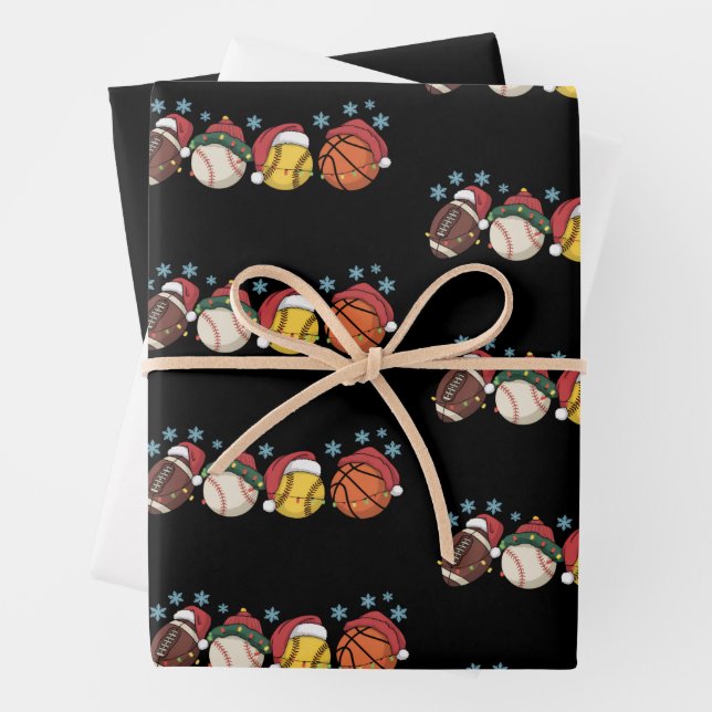 Christmas Sports Balls Lights Santa Family Sport Wrapping Paper Sheet (In situ)