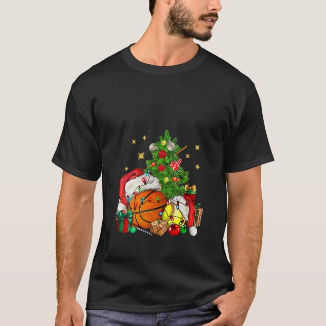 Christmas Sports Basketball And Softball Xmas Tree T-Shirt (Front)
