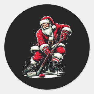 Christmas Sports Santa Plays Ice Hockey  Classic Round Sticker
