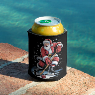 Christmas Sports Santa Plays Ice Hockey Xmas Can Cooler