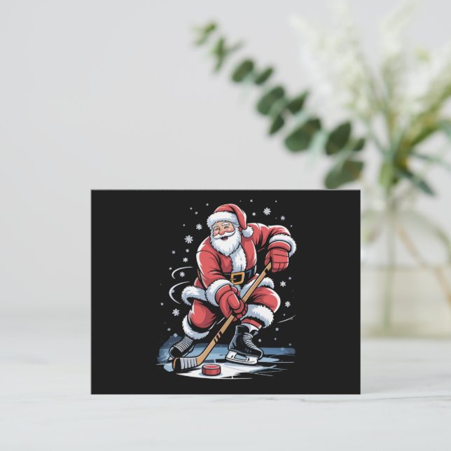 Christmas Sports Santa Plays Ice Hockey Xmas  Holiday Postcard (Standing Front)